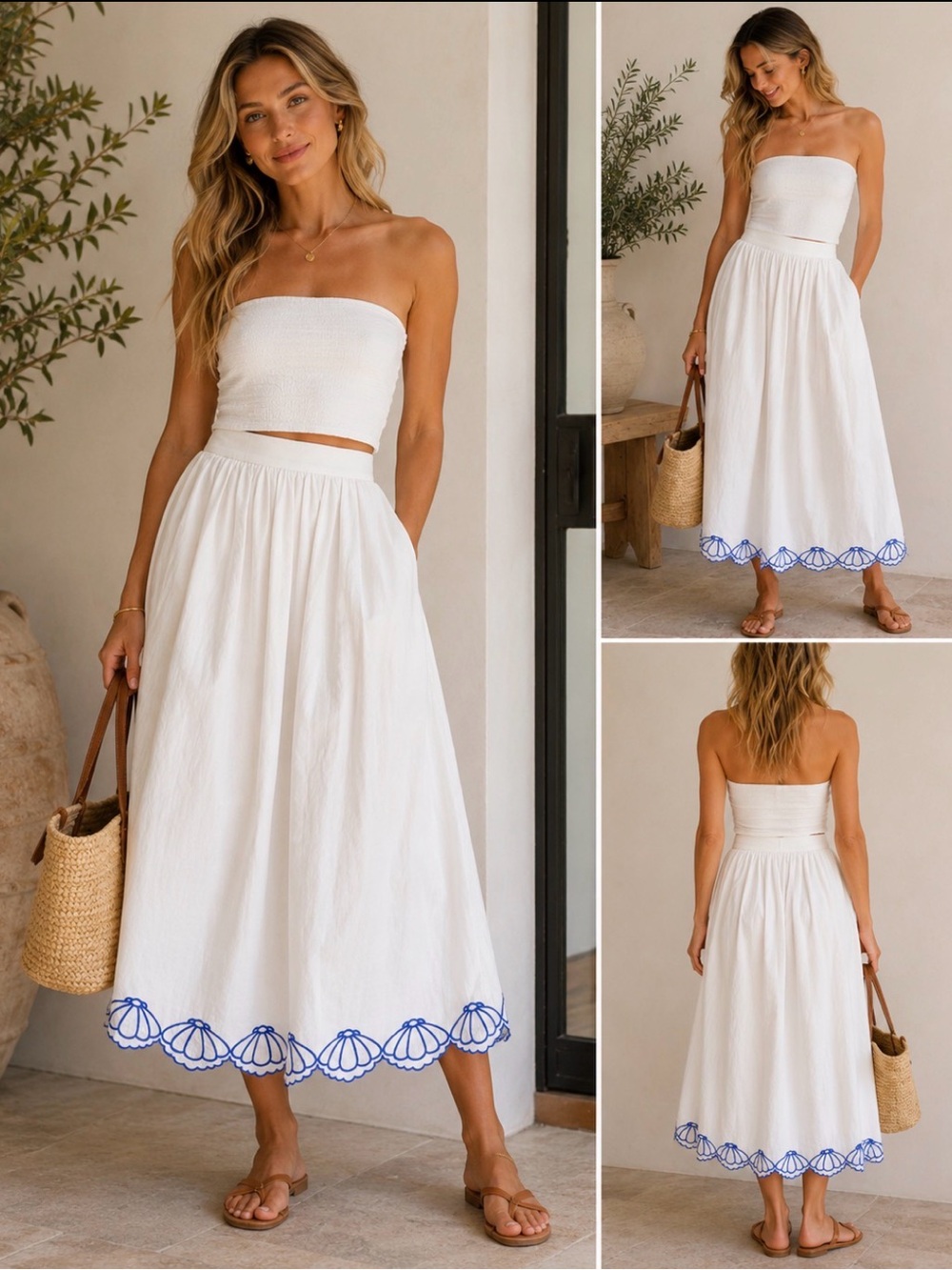 Calypso St. Barth White Linen Blend Embroidered Hem Midi Skirt Size L